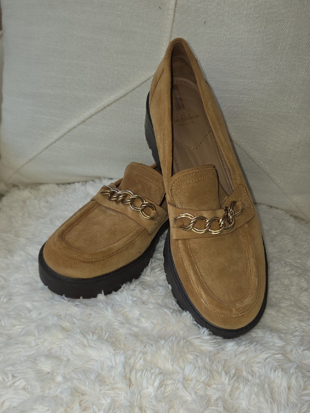 Sam Edelman Tan Suede Loafers with Gold Chain